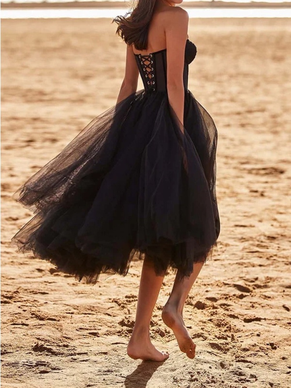 Strapless Navy Tulle Midi Dress with Corset Bodice - Picture 2 of 7